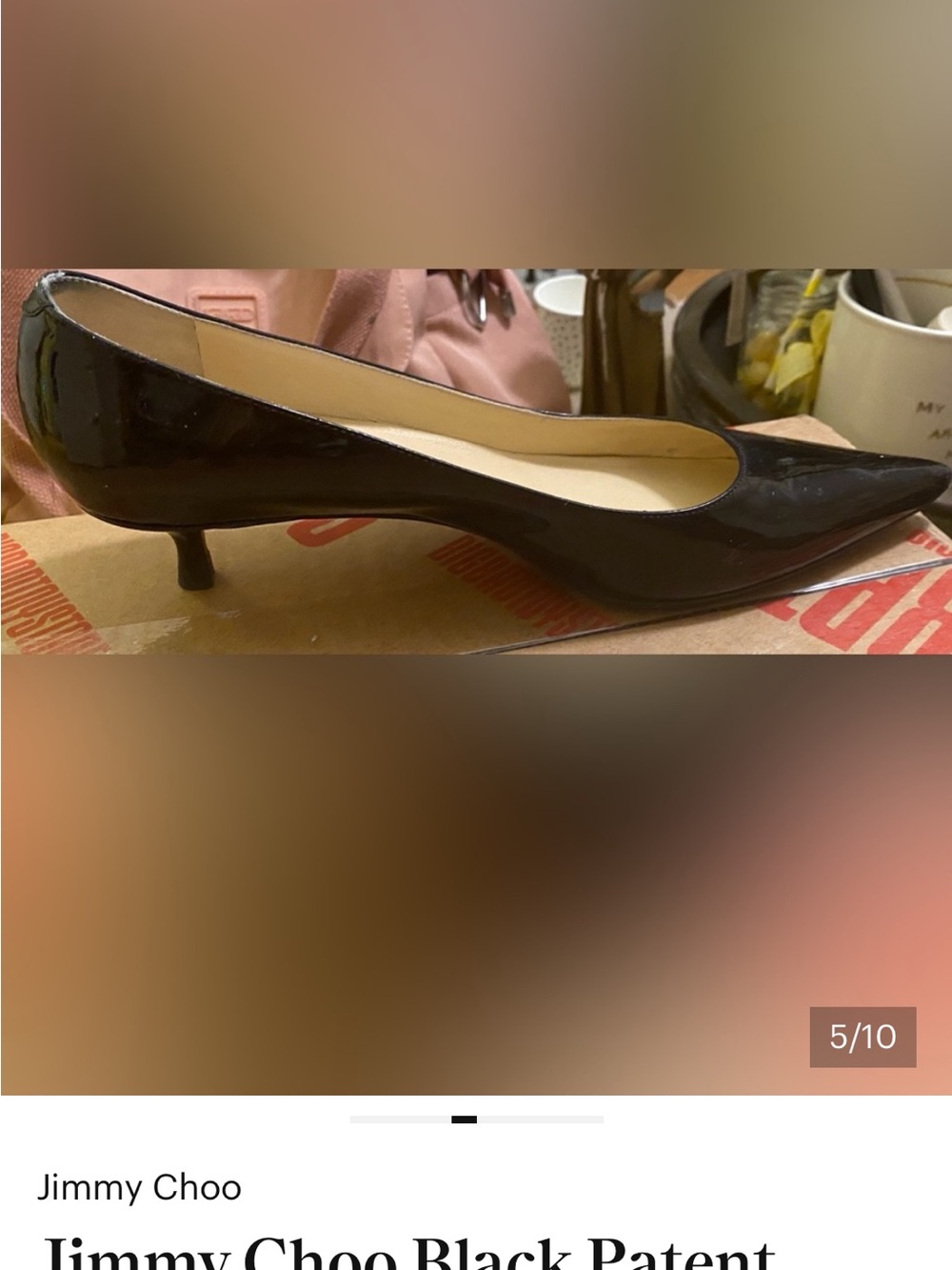 Jimmy Choo Black Patent Pointed Toe Kitten Heel Pumps sz 37.5